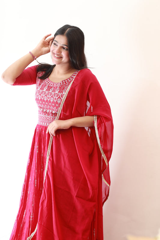 Pink Embroidered Anarkali Kurta Set with Dupatta for Women - Pleated Georgette Party Wear Suit | Lumika Fashion