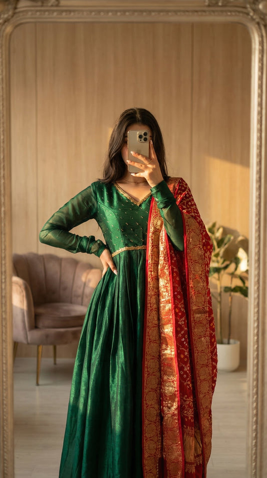 Designer Emerald Green Anarkali Gown with Scarlet Red Banarasi Dupatta Set – Heavy Embroidery Silk Ethnic Wear for Women