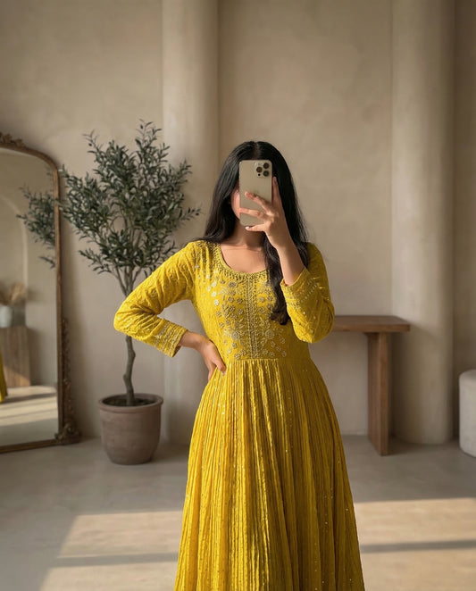 Designer Mustard Yellow Georgette Anarkali Gown – Elegant Sequin Work Haldi Special Ethnic Dress for Women