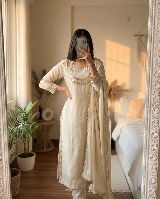 Ivory Pearl Work Silk Kurta Set with Dupatta for Women - Off White Straight Party Wear Suit | Lumika Fashion