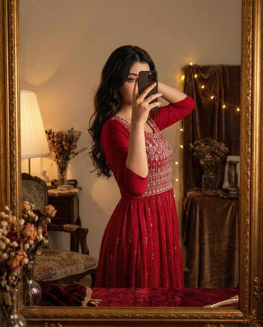 Pink Embroidered Anarkali Kurta Set with Dupatta for Women - Pleated Georgette Party Wear Suit | Lumika Fashion