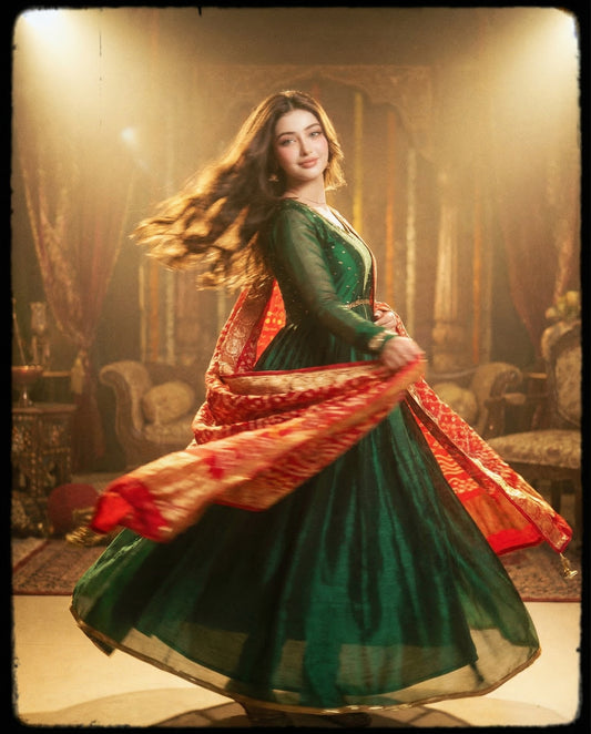 Designer Emerald Green Anarkali Gown with Scarlet Red Banarasi Dupatta Set – Heavy Embroidery Silk Ethnic Wear for Women