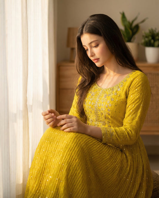 Designer Mustard Yellow Georgette Anarkali Gown – Elegant Sequin Work Haldi Special Ethnic Dress for Women