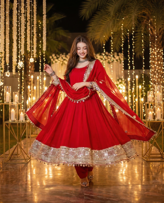 Women's Red Mirror Work Anarkali Kurti Set with Dupatta - Festive Party Wear Salwar Suit for Wedding & Ethnic Events