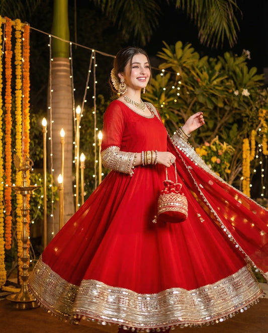 Women's Red Mirror Work Anarkali Kurti Set with Dupatta - Festive Party Wear Salwar Suit for Wedding & Ethnic Events