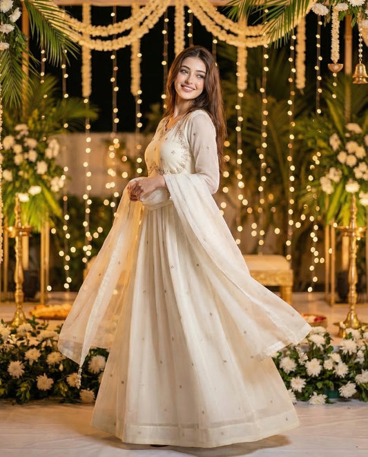 White Embroidered Anarkali Kurta Set with Dupatta - Georgette Floral Work Party Wear Suit for Women | Lumika Fashion