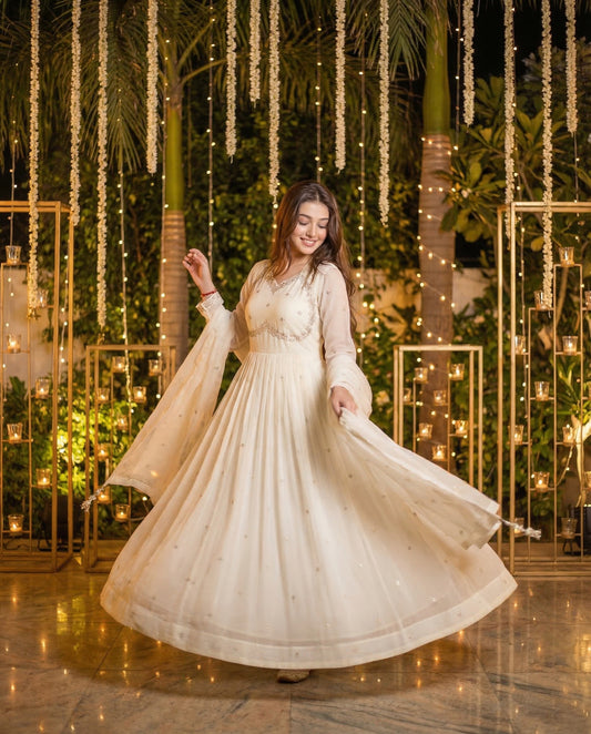 White Embroidered Anarkali Kurta Set with Dupatta - Georgette Floral Work Party Wear Suit for Women | Lumika Fashion