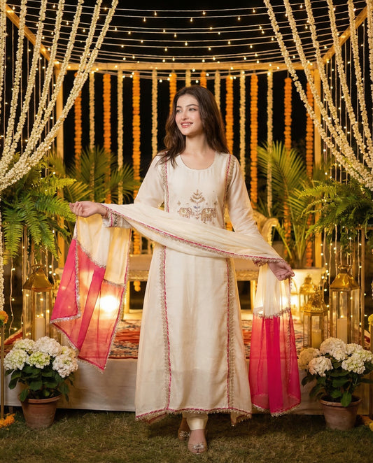 Ivory Khadi Cotton Straight Kurta Set with Shaded Pink Dupatta - Elephant Motif Embroidered Ethnic Suit for Women | Lumika Fashion